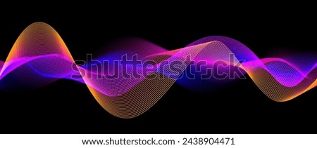 Neon flowing wavy lines on black background. Abstract sound wave design for ai concept, equalizer, audio record, voice assistant. Blue, pink orange gradient curve stripes. Vector wallpaper 