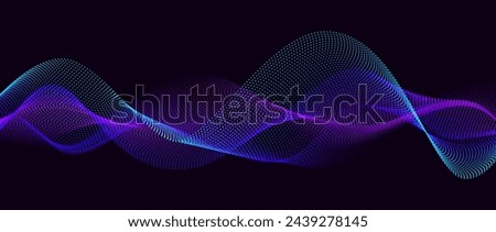 Neon flowing wavy dot lines on black background. Abstract sound wave design for ai concept, equalizer, audio record, voice assistant. Blue green purple gradient dashed curve stripes. Vector wallpaper 