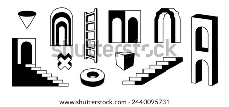 Outline stairs and arcs set. Black and white surreal geometric element collection. 3d perspective arch door, ladder, staircase, gate bundle. Retro shapes for collage, poster, banner. Vector art pack
