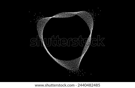 White dotted wavy lines with dissolve effect. Stipple disintegrating curved circle on black background. Halftone textured sphere with noise grain. Grunge dispersing sand particles, speckles. Vector