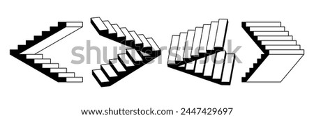 Impossible linear stairway set. Surreal 3d staircase. Black and white stair steps collection. Graphic design illusion element pack concept for poster, banner, flyer, brochure, leaflet. Vector bundle