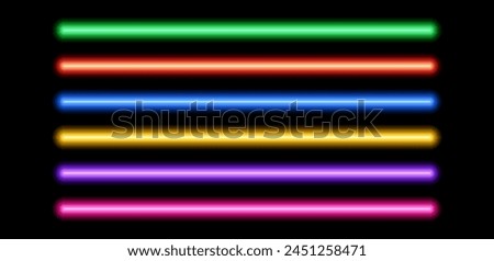 Neon tube lamp set. Glowing led light line beam collection. Bright luminous fluorescent bar stick lines. Shining colorful strip element pack to divide, separate, decorate. Vector illustration