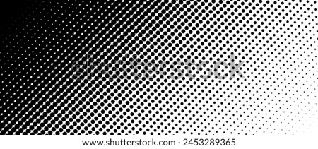 Dotted halftone diagonal texture. Fading polka dot gradient background. Repeating dots gradation pattern. Black vanishing comic pop art overlay backdrop. Raster effect wallpaper. Vector illustration