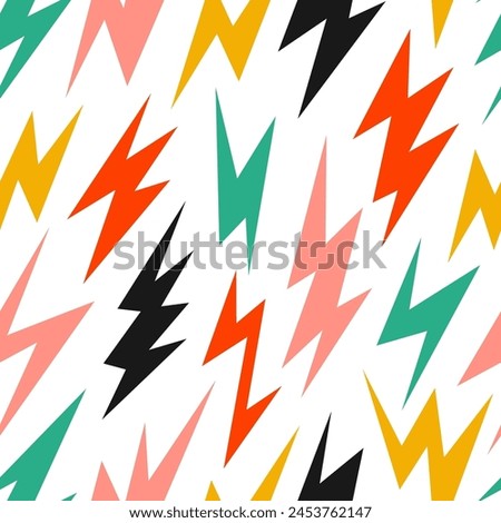 Colorful lightning bolts seamless pattern. Yellow, red, green and black thunder bolt repeating background. Storm and lightning strike ornament wallpaper. Vector cartoon repeated backdrop 