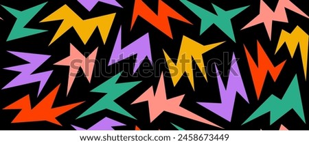 Colorful irregular spark and twinkle seamless pattern. Yellow, red, purple and green sharp shapes repeating background. Bright sharp edgy ornament wallpaper. Vector bright nursery repeated backdrop