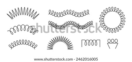 Spiral spring set. Black wire coil spring collection. Thin wire frames, zigzag lines, metal waves, flexible coils and arch element pack for graphic design templates, decor, border. Vector frame bundle