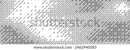 Dashed line diagonal texture. Slanted dash lines pattern background. Straight tilted interrupted stripes wallpaper. Abstract dither rasterized grunge overlay. Wide rippled vector texture