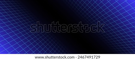 Blue glowing neon wireframe background. Shining checkered diagonal grid planes in perspective. Retro futuristic depth wallpaper. Arcade game sci fi matrix surface backdrop for poster, banner. Vector