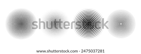 Black concentric circle set. Sonar or sound wave ring collection. Halftone and linear epicentre, target, radar icon concept. Ripple radial signal or vibration elements. Vector line and dotted symbols