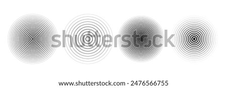 Black radial circle set. Sonar or sound wave ring collection. Halftone and linear epicentre, target, radar icon concept. Ripple concentric signal or vibration elements. Vector line and dotted symbols