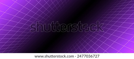 Purple glowing neon wireframe background. Shining checkered diagonal grid planes in depth. Retro futuristic wallpaper. Arcade game sci fi matrix surface backdrop for poster, banner. Vector