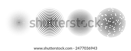 Black radial circle set. Sonar or sound wave ring collection. Halftone and linear epicentre, target, radar icon concept. Ripple concentric signal vibration elements. Vector dashed and dotted symbols