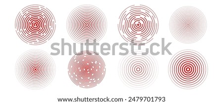 Red concentric circle set. Radial sonar or sound wave ring collection. Halftone, dashed and dotted line epicenter, target, radar icon symbols. Ripple concentric signal vibration elements. Vector