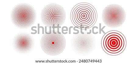 Red concentric circle set. Radial sonar or sound wave ring collection. Halftone, dashed and dotted line epicenter, target, radar icon symbol pack. Ripple concentric signal vibration elements. Vector