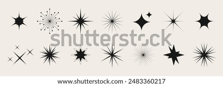 Blinking stars, sparks and sparkles set. Shining twinkle sunburst shapes collection. Magic light flares pack for design template, poster, banner, brochure, leaflet. Vector glint glitter illustration