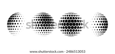 Black halftone pattern sphere collection. Hexagon wireframe 3d circle set. Grid globe element bundle. Round dotted shape pack for tech poster, banner, cover, emblem, leaflet. Vector illustration