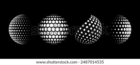 White halftone pattern sphere collection. Hexagon wireframe 3d circle set. Grid globe element bundle. Round dotted shape pack for tech poster, banner, cover, emblem, leaflet. Vector illustration