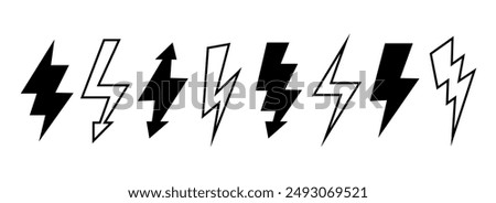 Lightning bolt set. Black and outline thunder bolt symbol collection. Flash thunderbolt elements for poster, banner, graphic design. Strike arrow signs bundle. Vector pack