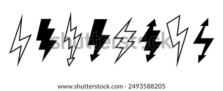 Lightning bolt set. Black and outline thunder bolt symbol collection. Flash thunderbolt element pack for poster, banner, graphic design, card. Strike arrow signs bundle. Vector