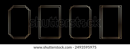 Thin golden frame set. Gold geometric border collection in art deco style. Thin linear shining rectangular shape bundle. Brass glowing shiny boarder element pack for photo, cadre, poster, card. Vector