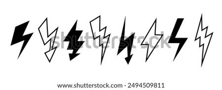 Black and white lightning bolt set. Thunder bolt symbol collection. Flash thunderbolt element pack for poster, banner, graphic design, card. Strike arrow signs bundle. Vector