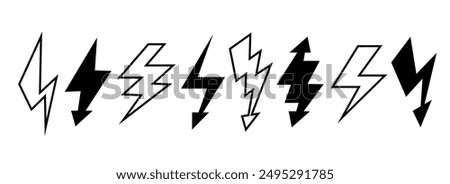 Black and white lightning bolts set. Thunder bolt symbols collection. Flash thunderbolt elements pack for poster, banner, graphic design, card. Strike arrow signs bundle. Vector