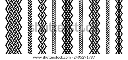 Seamless retro knot border set. Black repeating celtic divider or separator collection. Braid rope ornament motif pattern for banner, poster, frame. weaving design element bundle. Vector pack