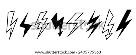 Black and white lightning bolts set. Thunder bolt symbols collection. Flash thunderbolt elements pack for poster, banner, graphic design, card. Strike arrow signs bundle. Vector