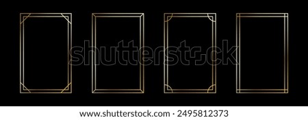 Thin golden frame set. Gold rectangle border collection in art deco style. Thin linear shining rectangular shape bundle. Brass glowing shiny boarder element pack for photo, cadre, poster, card. Vector