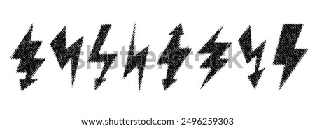 Halftone grunge lightning bolts set. Dotted thunder bolt symbol collection. Rough flash thunderbolt elements pack for poster, banner, graphic design, card. Textured strike arrow signs bundle. Vector