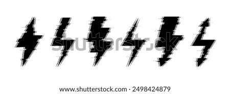 Halftone grunge lightning bolt collection. Dotted thunder bolt symbol set. Rough pixel flash thunderbolt element pack for poster, banner, graphic design. Textured grain arrow sign bundle. Vector