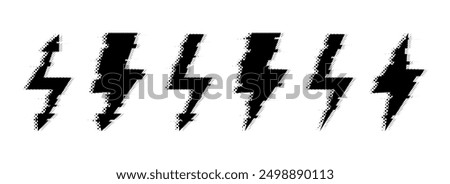 Halftone grunge lightning bolt collection. Dotted thunder bolt symbol set. Rough pixel flash thunderbolt element bundle for poster, banner, graphic design. Textured grain arrow sign pack. Vector