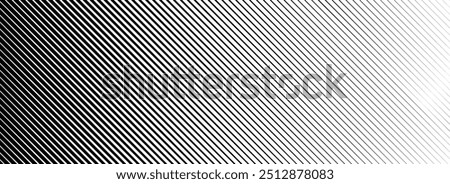 Slant line halftone gradation texture. Fading diagonal stripe gradient background. Black oblique pattern backdrop. Vanishing thin parallel line wallpaper for overlay, print, cover. Vector