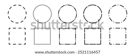 Black dashed frames collection. Dashed outline circle and square borders set. Outline cut out element design bundle for poster, banner, flyer. Geometric dotted rectangular and round shape pack. Vector