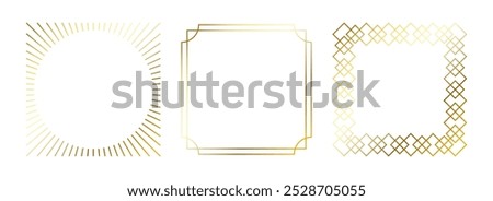 Golden thin frames set. Gold square borders in art deco style. Thin linear radiance rectangular elements collection. Yellow glowing shiny boarders pack. Vector bundle for photo, cadre, poster, card