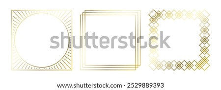 Gold thin frames set. Golden square borders in art deco style. Thin linear radiance rectangular elements collection. Yellow glowing shiny boarders pack. Vector bundle for photo, cadre, poster, card