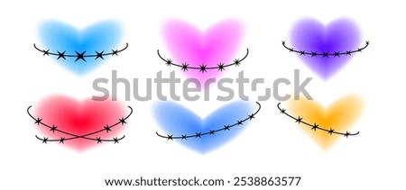 Y2k hearts with thorn elements set. Colorful blurry aura shape collection. Blurred smooth gradient with bard wire for logo, template, badge, sticker, collage, icon. Vector various heart pack 