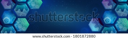 Abstract wide technology background with hexagons and gear wheels. Hi-tech circuit board vector illustration. Sci fi concept on the blue cover.