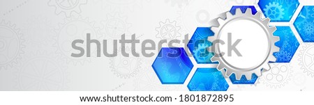 Abstract wide technology background with hexagons and gear wheels. Hi-tech circuit board vector illustration. Sci fi concept on the grey cover.