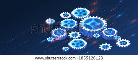 Mechanism with integrated gears for business presentations or web banner. Abstract wide 3d gears background. Perspective Hi-tech digital technology and engineering.