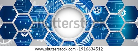 Abstract wide technology background with hexagons and gear wheels. Hi-tech circuit board vector illustration. Sci fi concept on the blue cover.