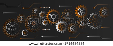 Hi tech gear design innovation concept. Abstract cogwheel communication vector illustration. Wide engineering mechanism background.