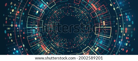 Abstract stream information with circles array and binary code. Filtering machine algorithms. Sorting data. Vector technology background. Wide Big data visualization. Information analytics concept. 