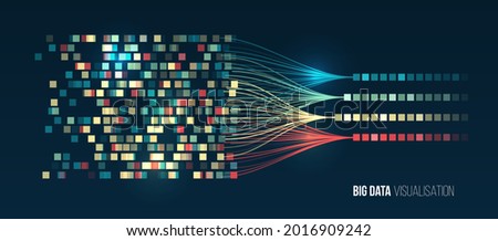 Abstract stream information with ball array and binary code. Filtering machine algorithms. Sorting data. Vector technology background. Big data visualization. Information analytics concept.