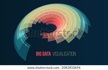 Processing of data arrays, sorting. Filtering machine algorithms. Data stream in the form of an array of circles and binary code. Vector database background. Big data visualization. 
