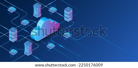 Cloud technology isometric background. Computer technology, server room, and equipment for internet networks. Data cloud storage technology. Database and data center vector illustration.