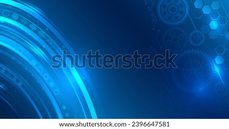Abstract blue background consisting of gears and horizontal lines. Digital technologies, data transfer. Futuristic particle motion design. For website and presentations