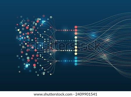 Data set analysis and visualization. Abstract business analytics. An array of information in the form of waves. Large data stream on a dark background, glowing lines and circles. 