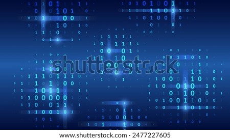 Blue background with data flow. Binary code, artificial intelligence. Program code. Computer background of numbers. Analytics, sorting, structuring, information transfer.