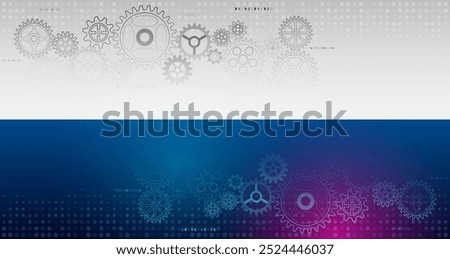 Mechanism with gear and cogwheel. Futuristic grey blue composition for presentation or banner. Wide Hi tech futuristic technology background. Abstract Engineering, Communication, Sci fi cover concept